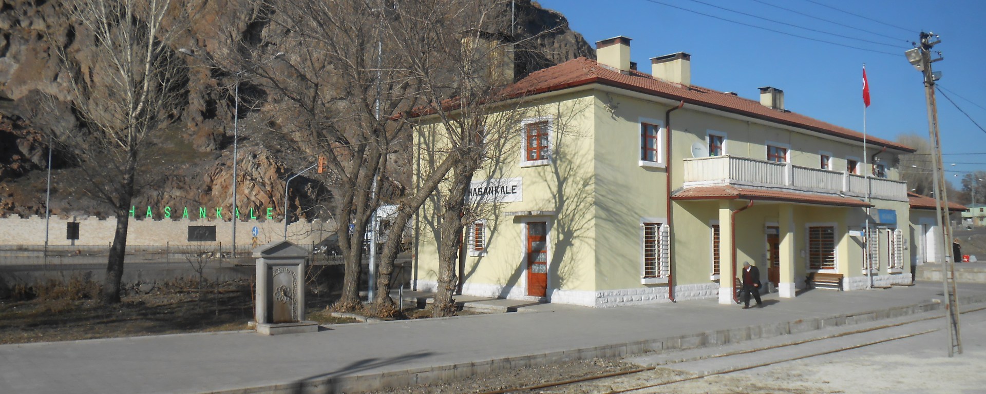 Ancient hilltop fortress above country train station in Eastern Turkey
