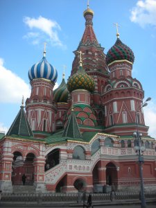 ornate Russian church with multi-colored onion domes in Moscow's Red Square