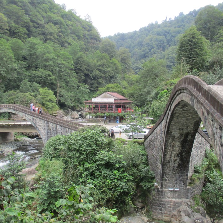 old stone bridges form a double arch in northeast Turkey
