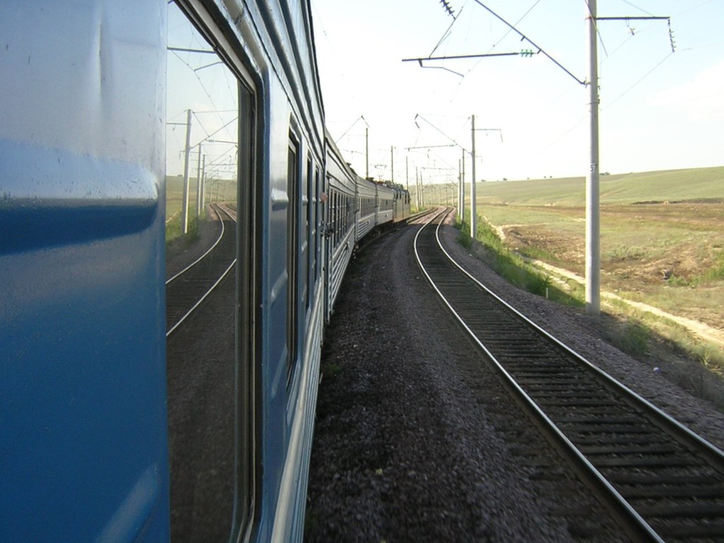 The Almaty to Karaganda train heading across the Kazakh steppe