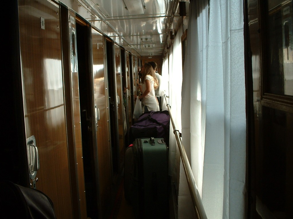 A view of the corridor inside a Kazakhstan train sleeper car