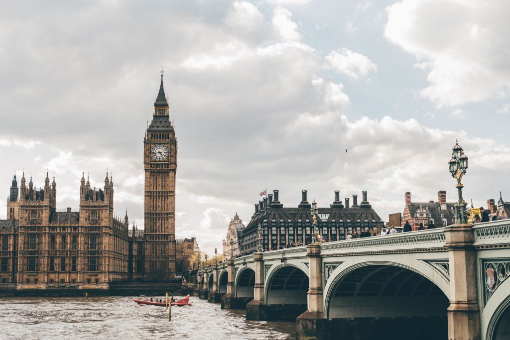 Central London with the Houses of Parliament and the clock tower that houses Big Ben