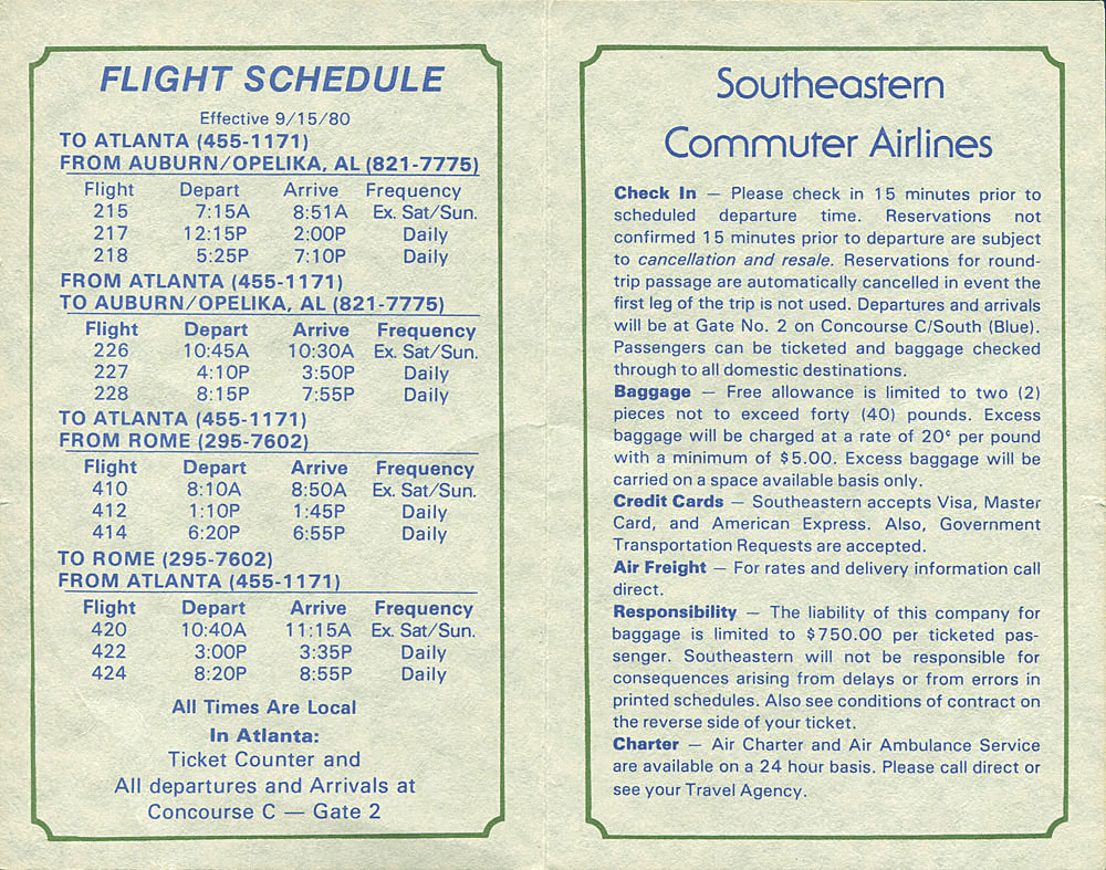 1980 Southeastern Commuter airline timetable Atlanta Auburn Rome Georgia