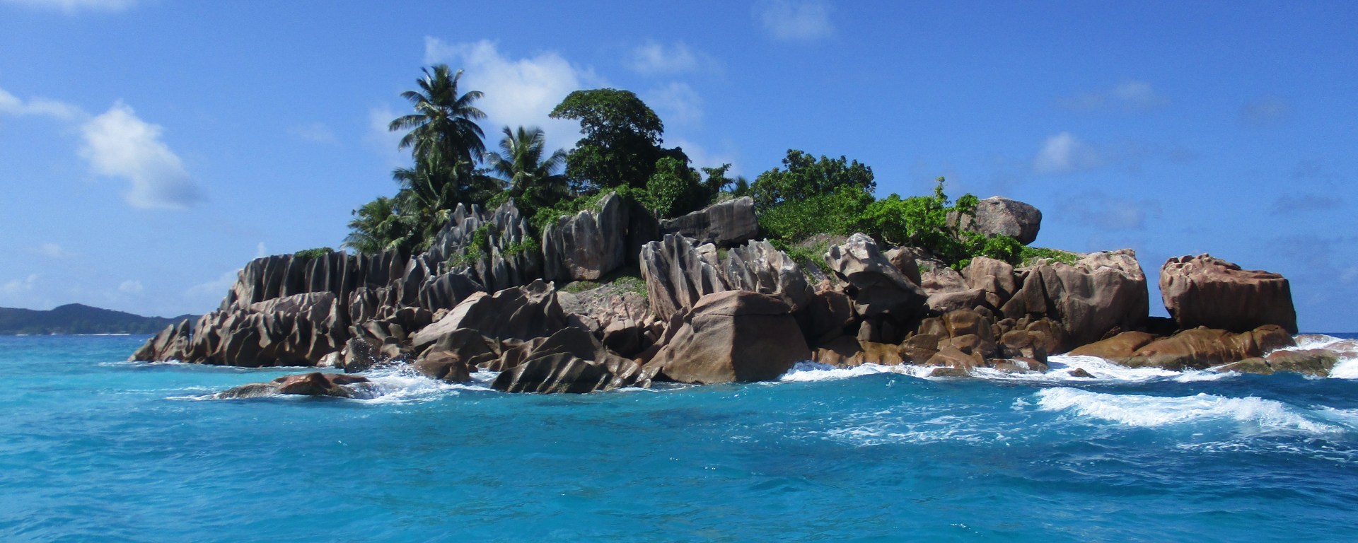 Small rocky island crowned with palms and greenery