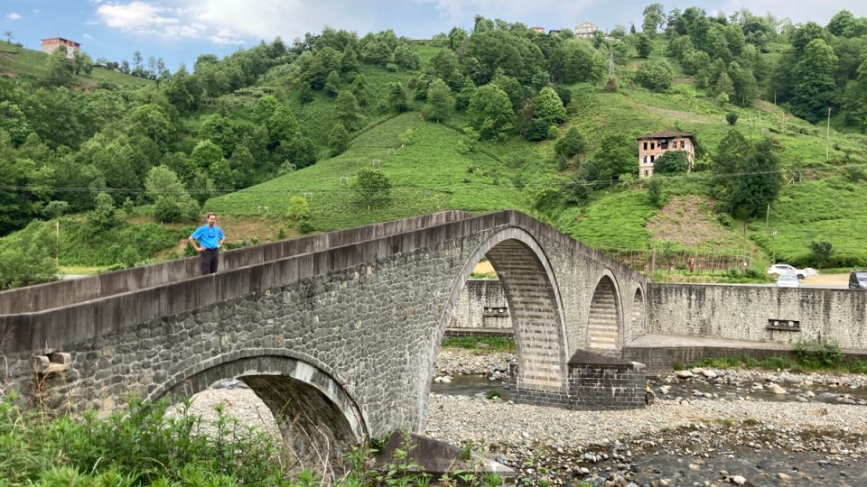 four-arched bridge with tea bushes in background